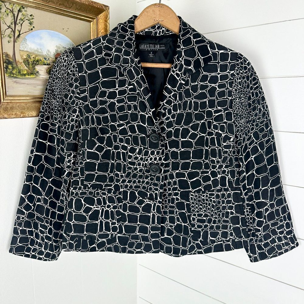 Lafayette 148 Linen Silk Blazer Size 4 Petite Black Pattern Print